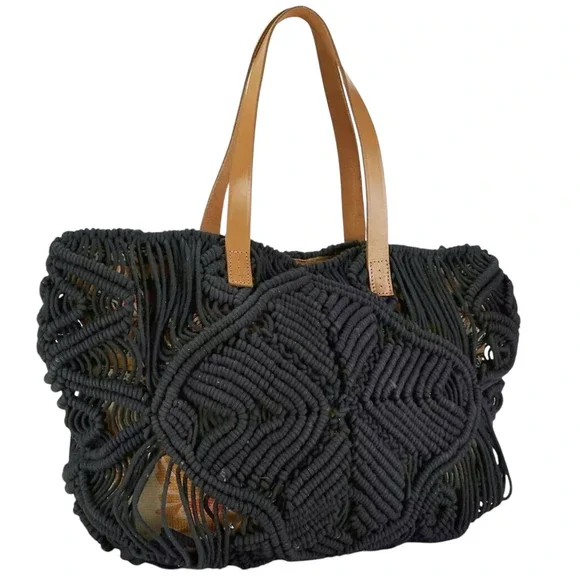 STAR MELA Marga macrame tote oversized cotton shoulder bag navy boho purse NEW - Picture 2 of 7